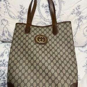 Gucci Beige/Brown GG Canvas Tote with Gold Logo